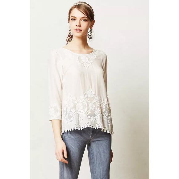 Anthropologie Maeve Sz 4 Lavinia White Blouse Beaded - Great Cond! - Picture 1 of 9